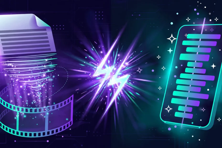 Descript vs CapCut comparison 2026 – editorial illustration of text-based AI editing versus mobile video editing
