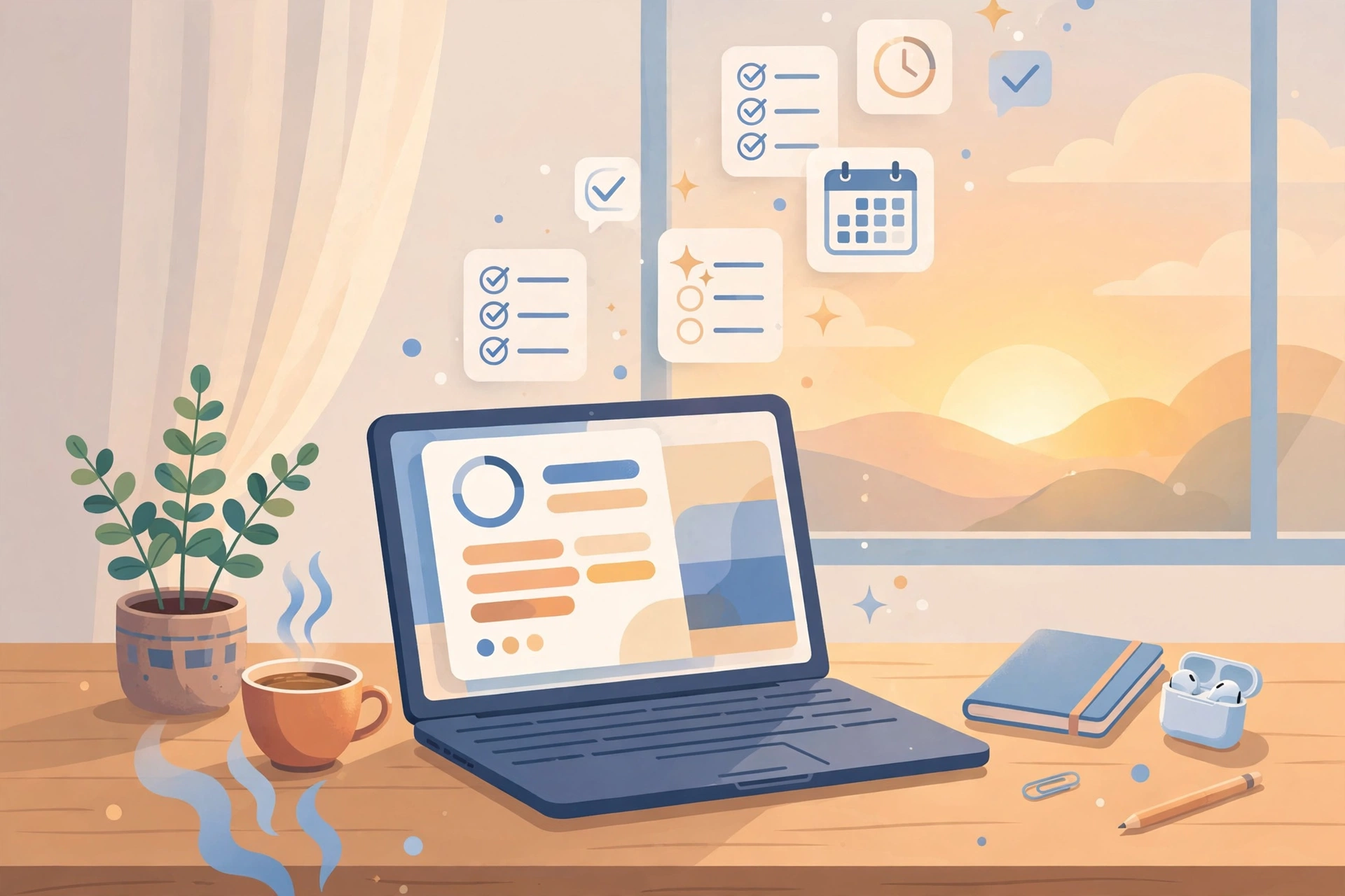IrisGo daily brief for solopreneurs – editorial illustration of a morning summary with emails and next actions