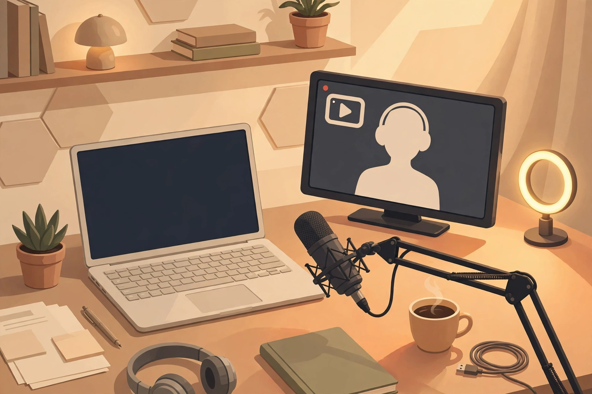 Faceless YouTube channel setup: AI presenter and script-to-video workflow on a laptop