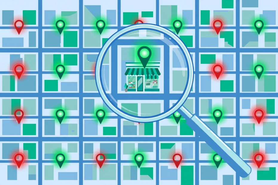 ProfitMaps AI review – editorial illustration of a Google Maps visibility scan grid