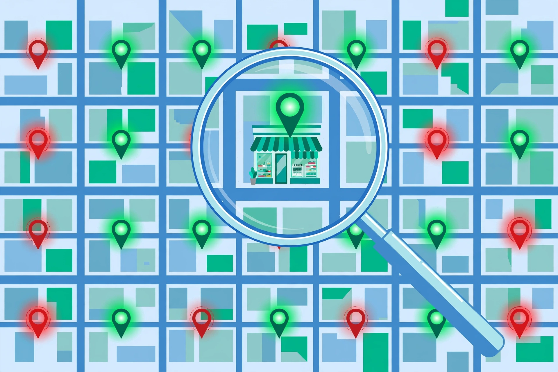 ProfitMaps AI review – editorial illustration of a Google Maps visibility scan grid