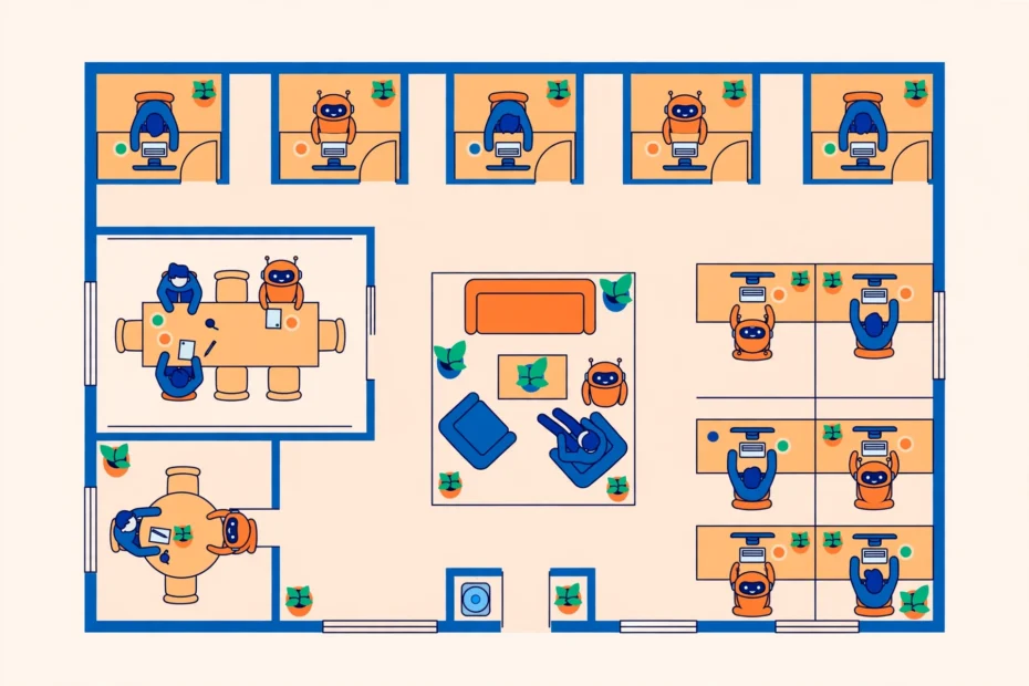 Velozity review – editorial illustration of a virtual office shared by human teammates and AI agents