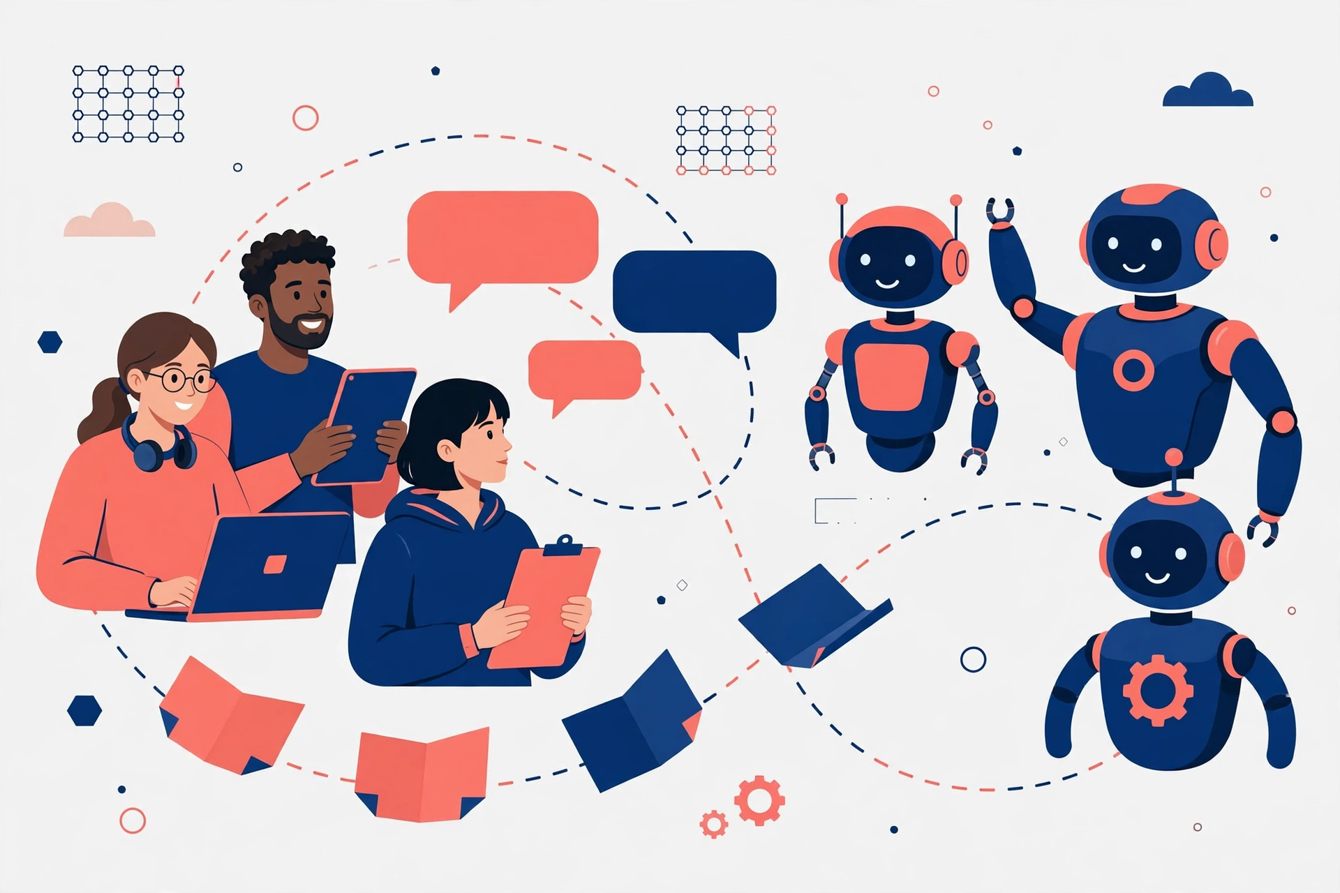 Velozity shared context – editorial illustration of people and AI agents collaborating in one workspace